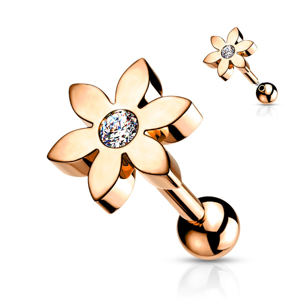 Cherry Diva Stud Rose Gold 16 Gauge Five Petal Crystal Flower Cartilage / Tragus Stud