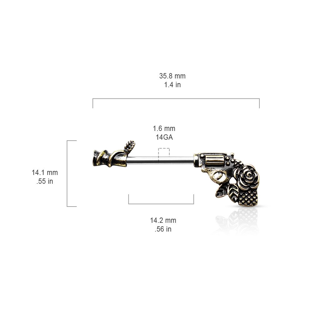 Cherry Diva Barbell 14 Gauge Rose & Revolver Nipple Ring
