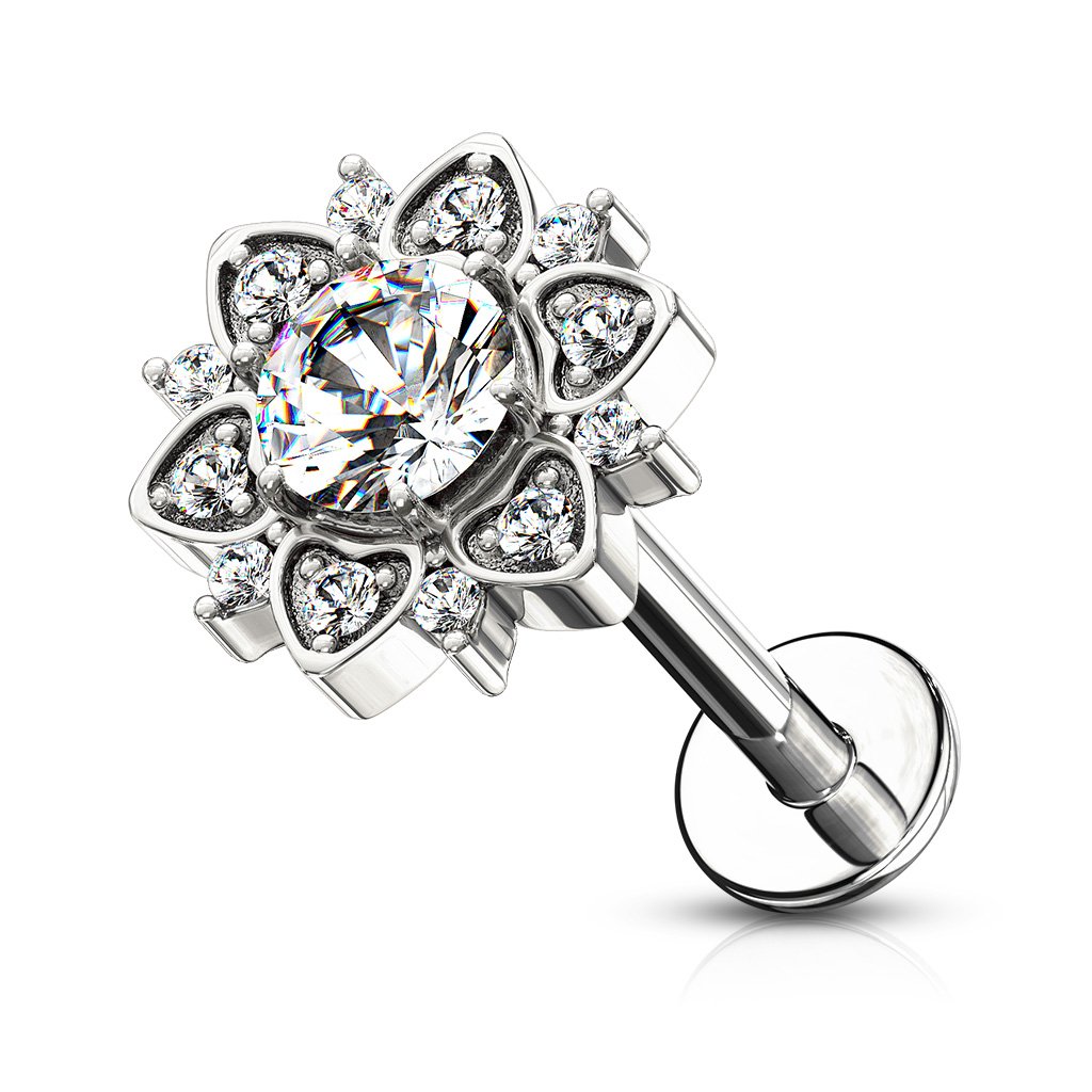 16 Gauge Flat Back Internally Threaded Crystal Flower Stud
