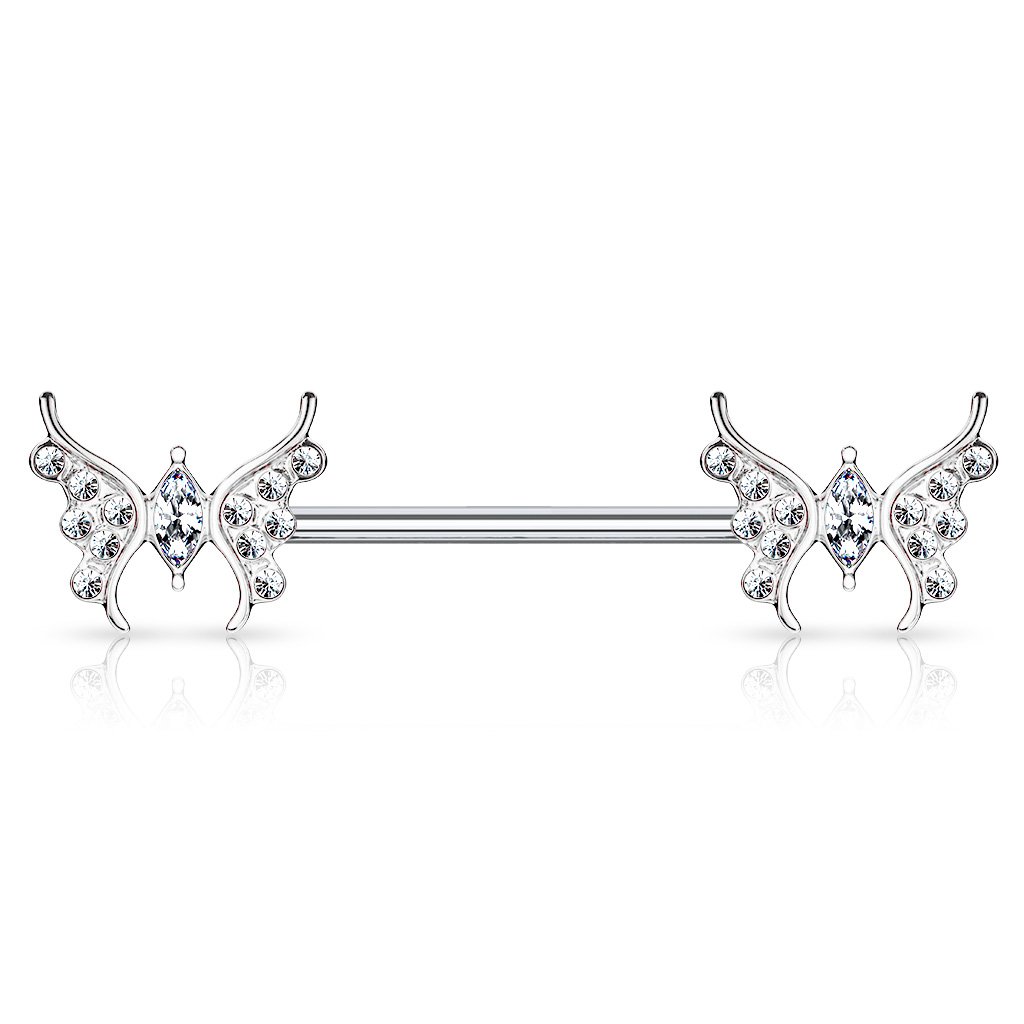 Cherry Diva Nipple Ring Silver 14 Gauge Crystal Butterfly Barbell Nipple Bar