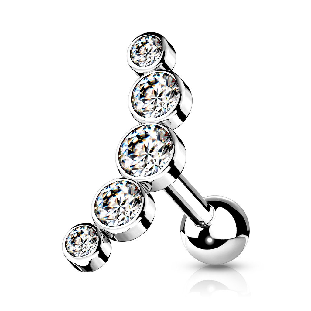 Cherry Diva Stud Silver / Clear Crystal 16 Gauge Five Gem Curved Cartilage Stud