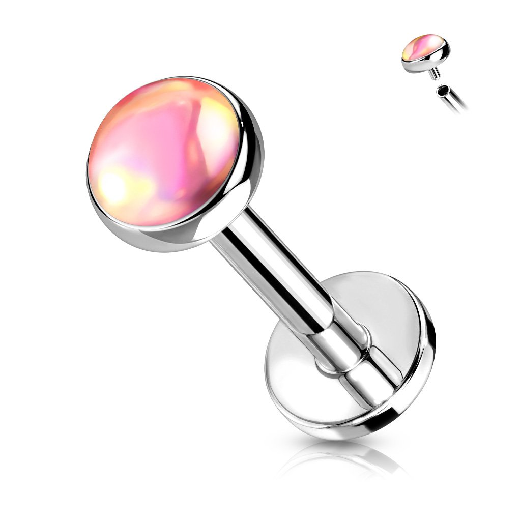 Cherry Diva Flat Back Stud SILVER / PINK 16 Gauge Internally Threaded Iridescent Opal Top  Stud