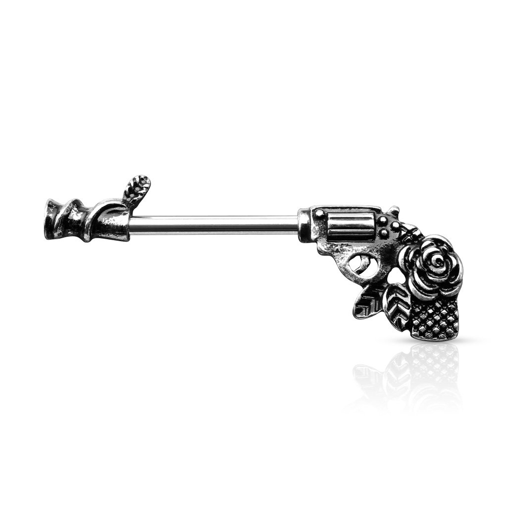 Cherry Diva Barbell Silver 14 Gauge Rose & Revolver Nipple Ring
