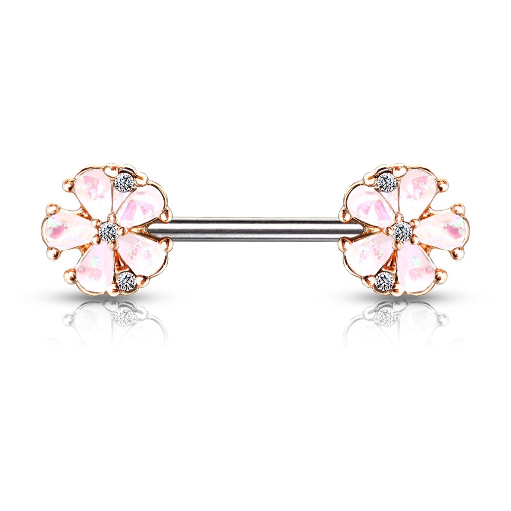Cherry Diva Nipple Ring White 14 Gauge Opal Flower Barbell Nipple Ring