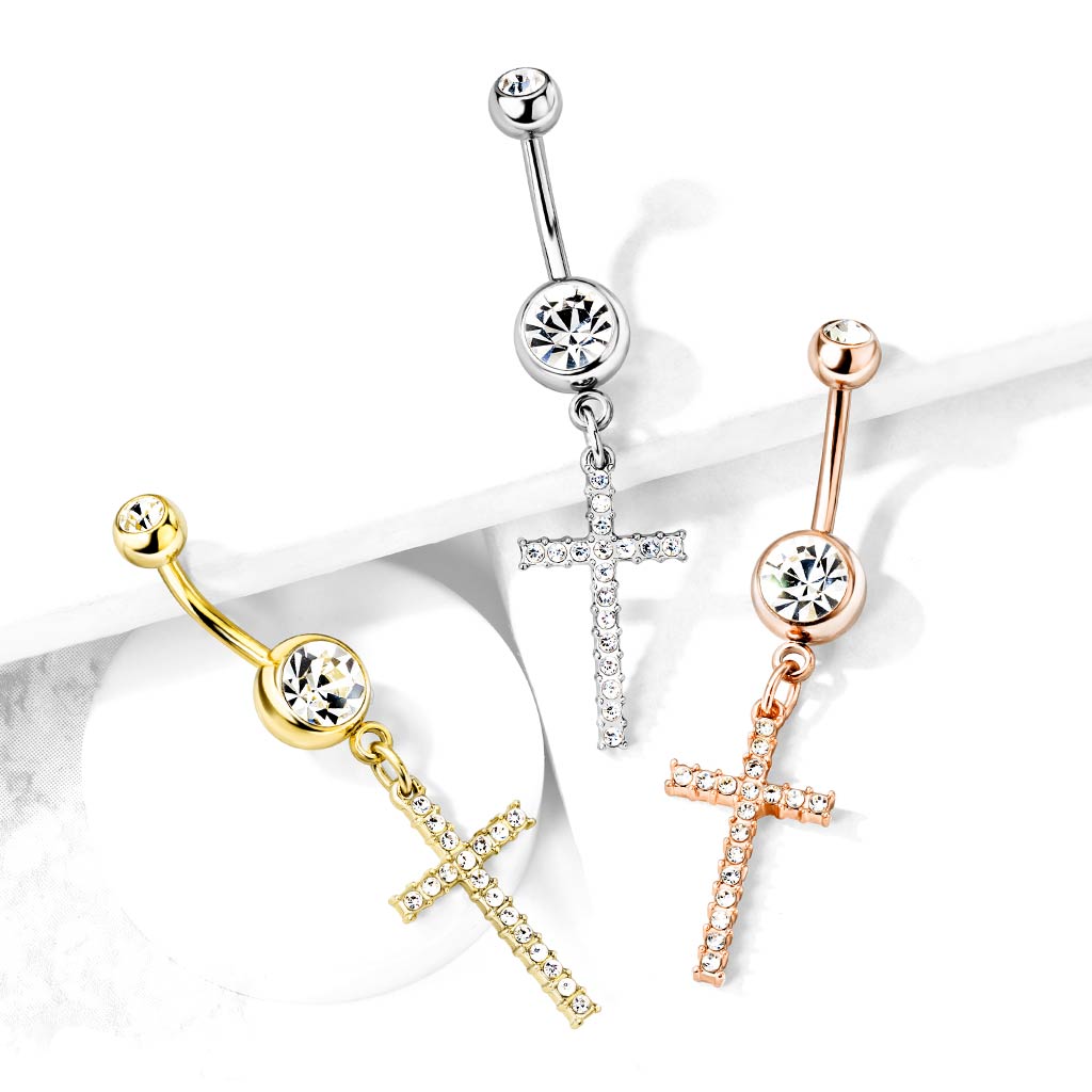 Cherry Diva belly bar 14 Gauge Dangling Silver Cross Belly Button Bar