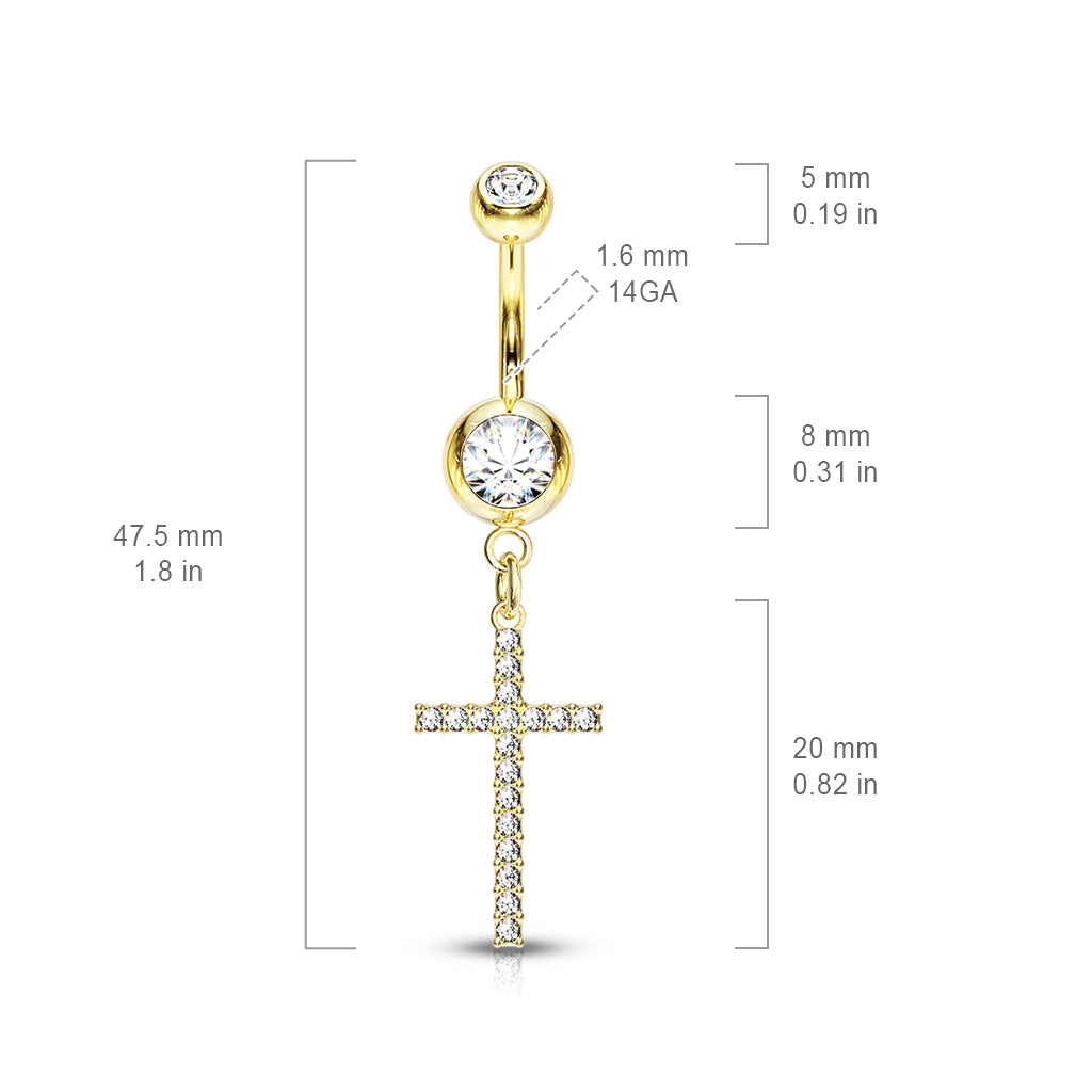 14 Gauge Dangling Silver Cross Belly Button Bar size guide