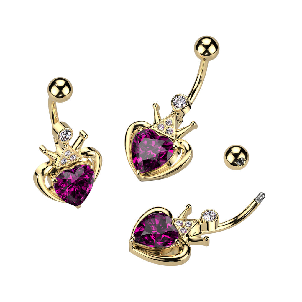 14 Gauge Golden Heart & Crown Belly Button Ring