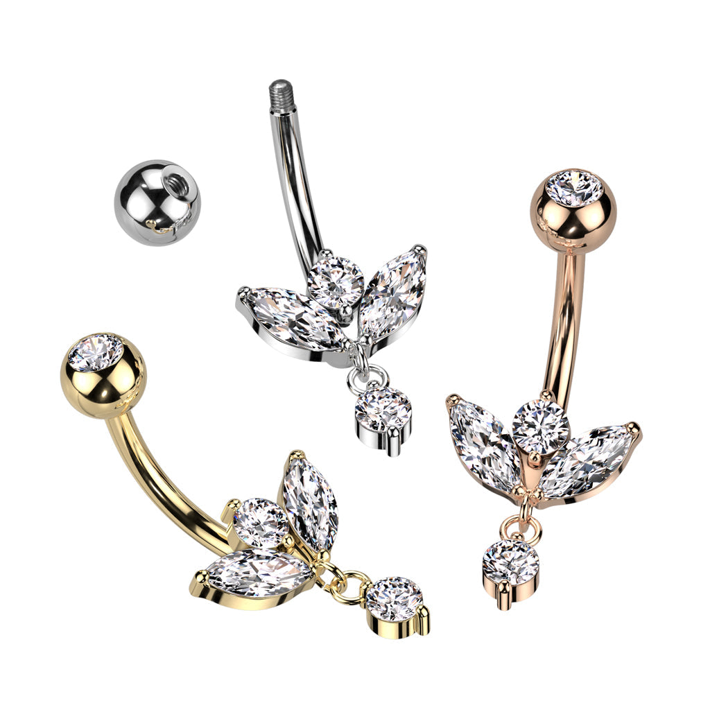 14 Gauge Silver Crystal Marquise Flower Belly Bar