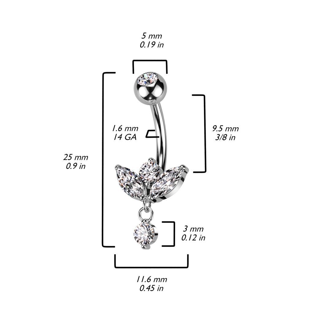 14 Gauge Silver Crystal Marquise Flower Belly Bar