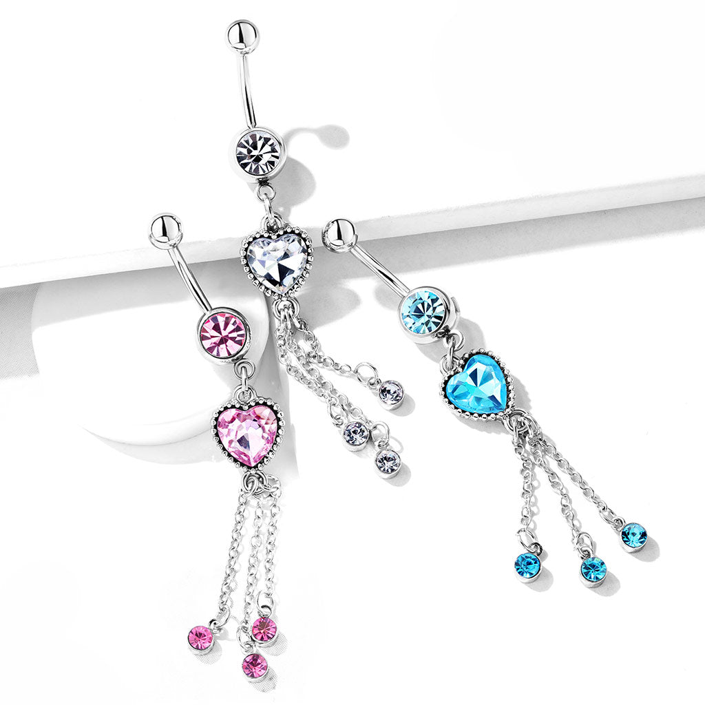 Cherry Diva belly bar 14 Gauge Silver Dangling Heart Belly Button Ring
