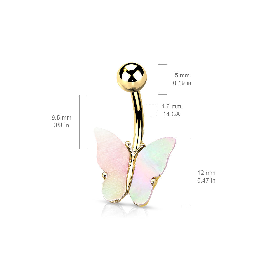 14 Gauge Silver Shell Covered Butterfly Belly Bar