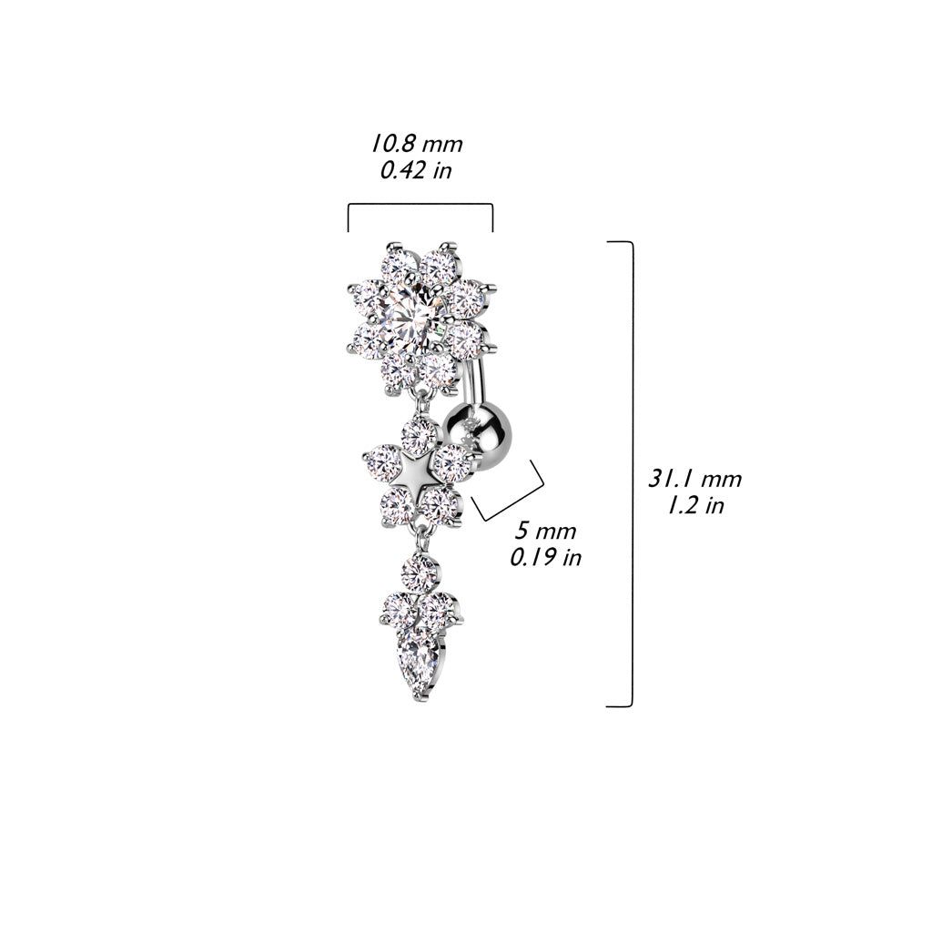 14 Gauge Silver Triple Flower Reverse Belly Button Bar Size Guide