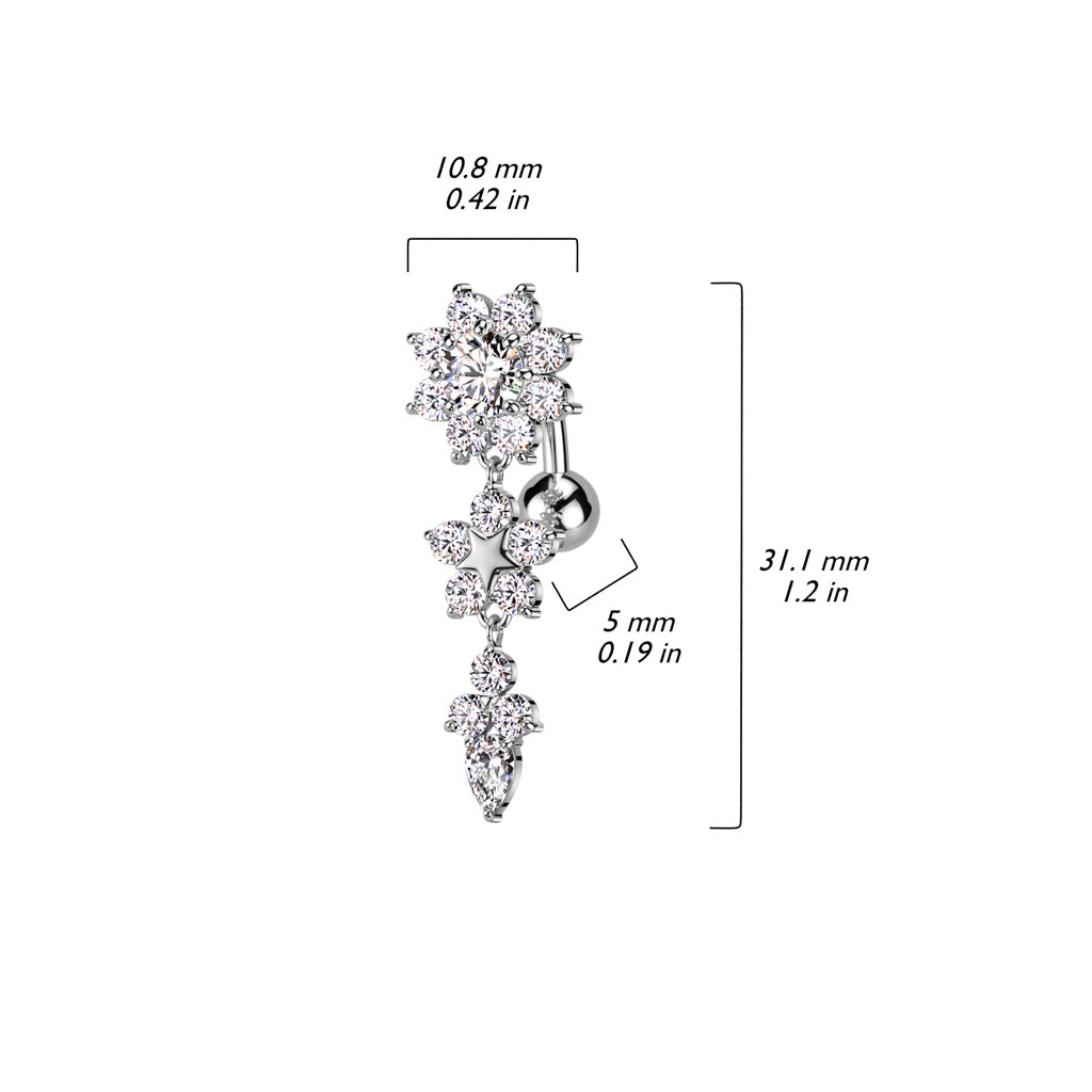 Cherry Diva belly bar 14 Gauge Silver Triple Flower Reverse Belly Button Bar