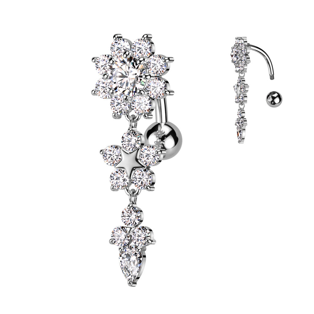 Cherry Diva belly bar 14 Gauge Silver Triple Flower Reverse Belly Button Bar