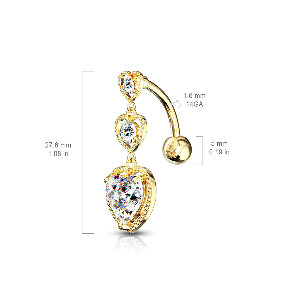 14 Gauge Silver Triple Heart Belly Button Ring