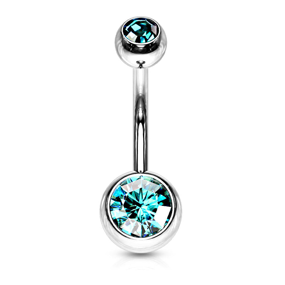 Cherry Diva belly bar Aqua 14 Gauge Double Crystal Surgical Steel Belly Bar