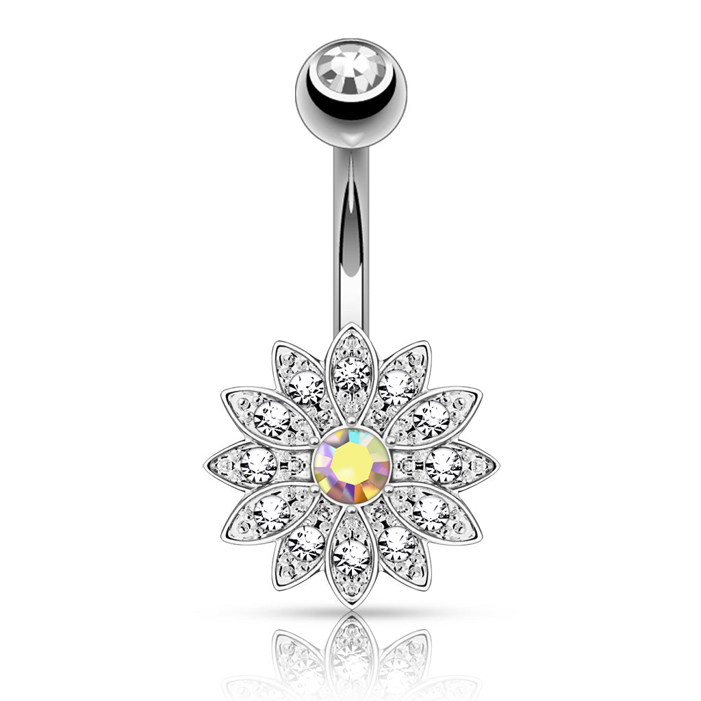Aurora Flower Crystal Belly Button Ring - Silver