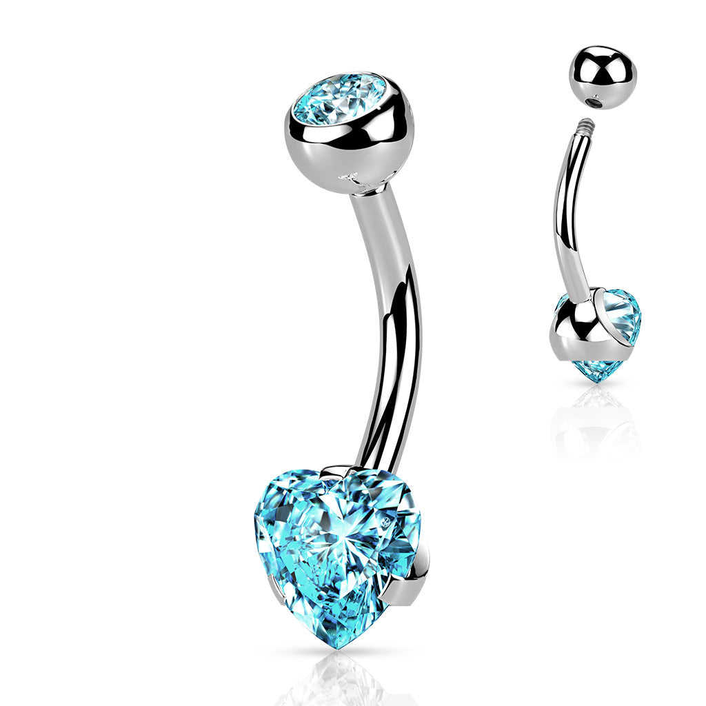 Cherry Diva belly bar Blue 14 Gauge Prong Set Crystal Heart Belly Bar