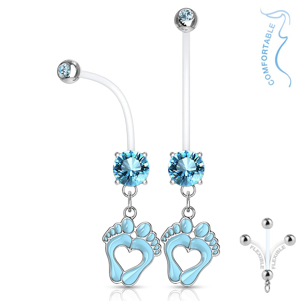 Cherry Diva belly bar BLUE 14 Gauge Tiny Foot Prints - Maternity Pregnancy Belly Bar