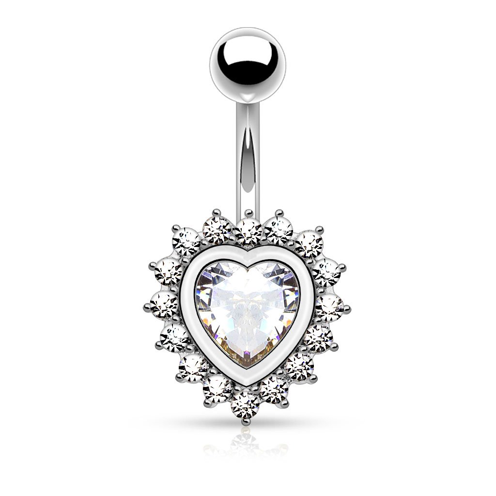 Crystal Centre Heart Belly Button Ring - Silver