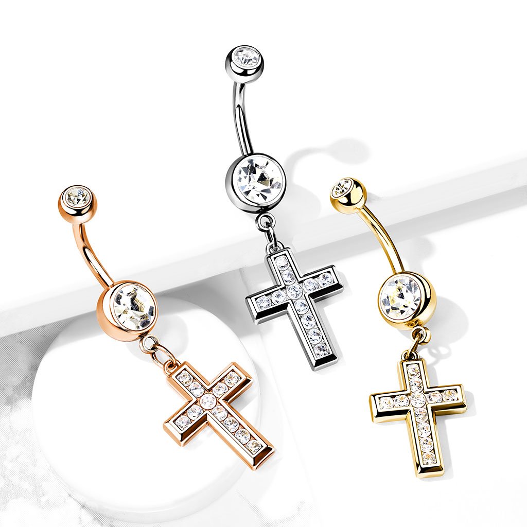 14 Gauge Crystal Cross Belly Button Bar