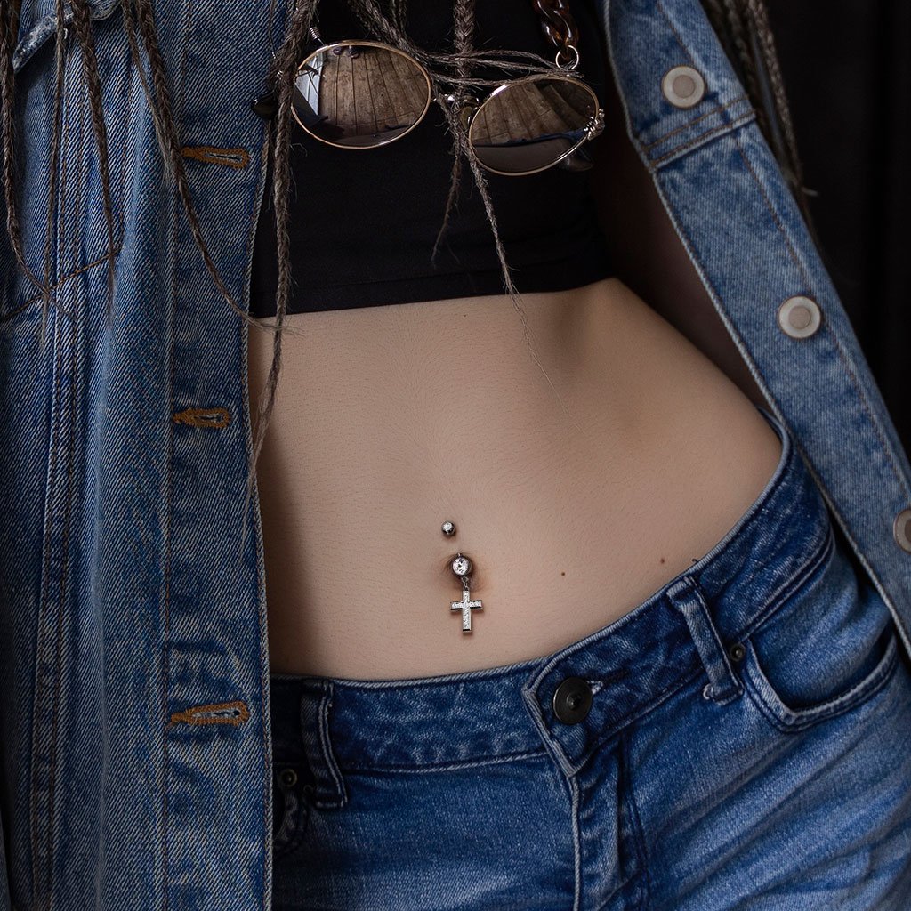 Cherry Diva belly bar 14 Gauge Crystal Cross Belly Button Bar