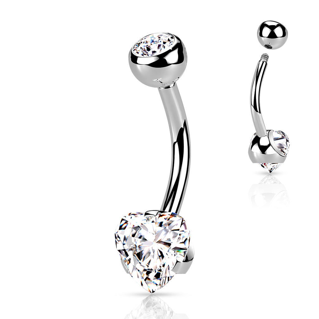 Cherry Diva belly bar Clear 14 Gauge Prong Set Crystal Heart Belly Bar