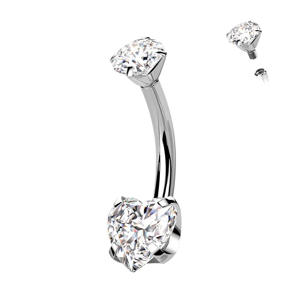 Cherry Diva belly bar Clear Crystal 14 Gauge Titanium Double Crystal Heart Belly Button Bar