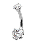 Cherry Diva belly bar Clear Crystal 14 Gauge Titanium Double Crystal Heart Belly Button Bar