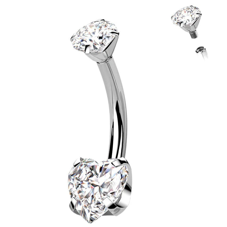 Cherry Diva belly bar Clear Crystal 14 Gauge Titanium Double Crystal Heart Belly Button Bar