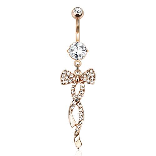Cherry Diva belly bar 14 Gauge Dangling Bow Belly Button Bar - Rose Gold