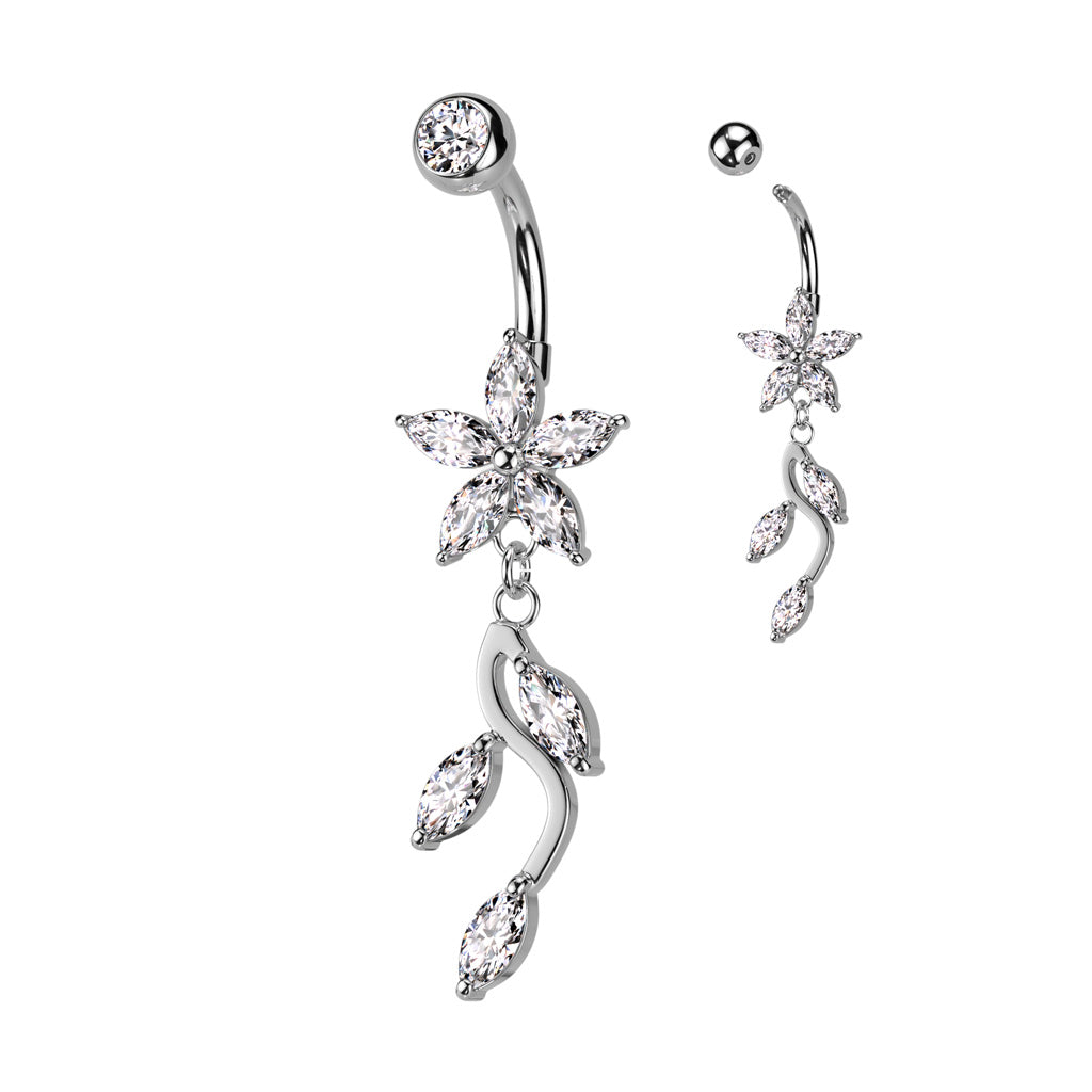 Dangling Crystal Flowers Belly Button Ring - Silver