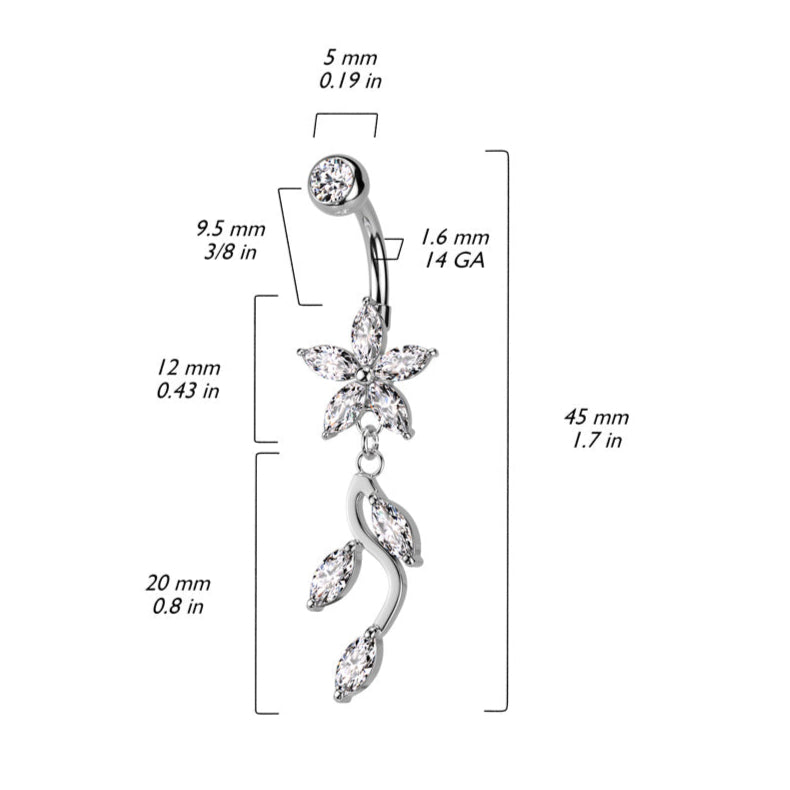 Cherry Diva belly bar 14 Gauge Dangling Crystal Flowers Belly Button Bar - Silver