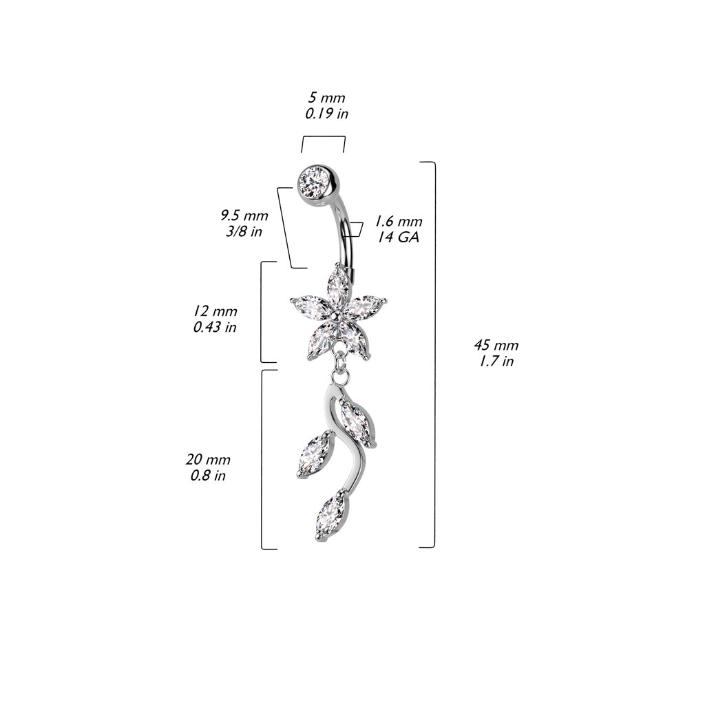 Dangling Crystal Flowers Belly Button Ring - Silver