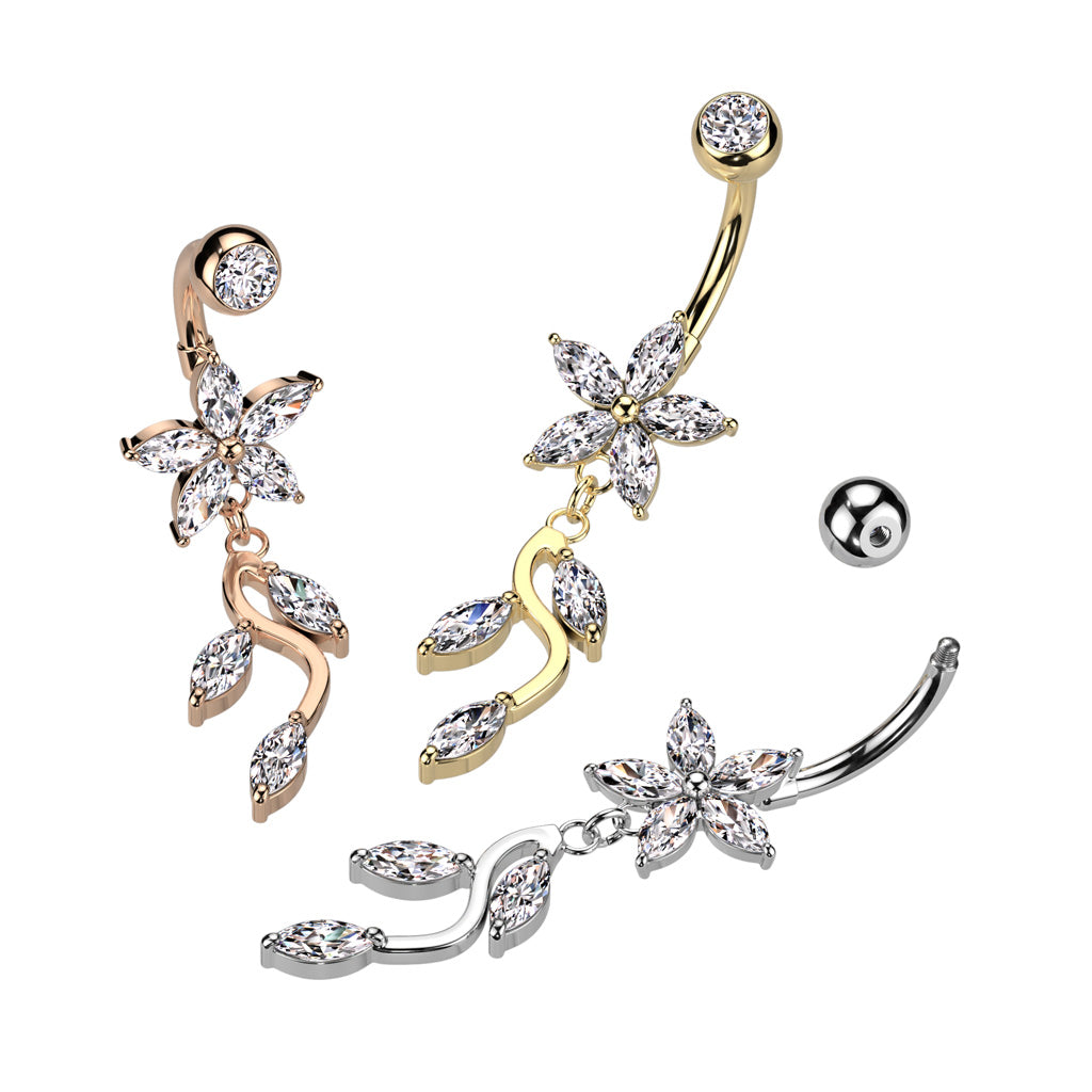 Dangling Crystal Flowers Belly Button Ring - Silver