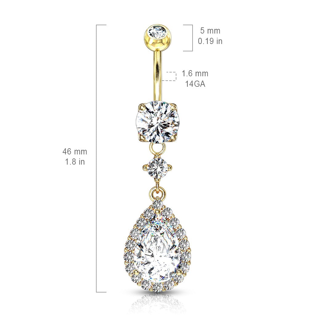 Cherry Diva belly bar 14 Gauge Dangling Crystal Teardrop Belly Button Ring - Silver