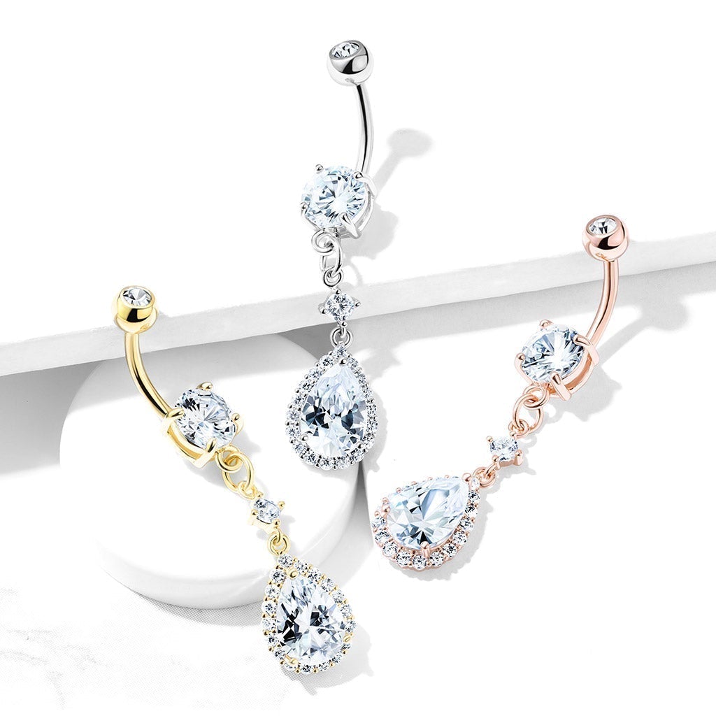 Cherry Diva belly bar 14 Gauge Dangling Crystal Teardrop Belly Button Ring - Silver