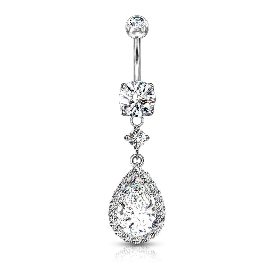 Cherry Diva belly bar 14 Gauge Dangling Crystal Teardrop Belly Button Ring - Silver