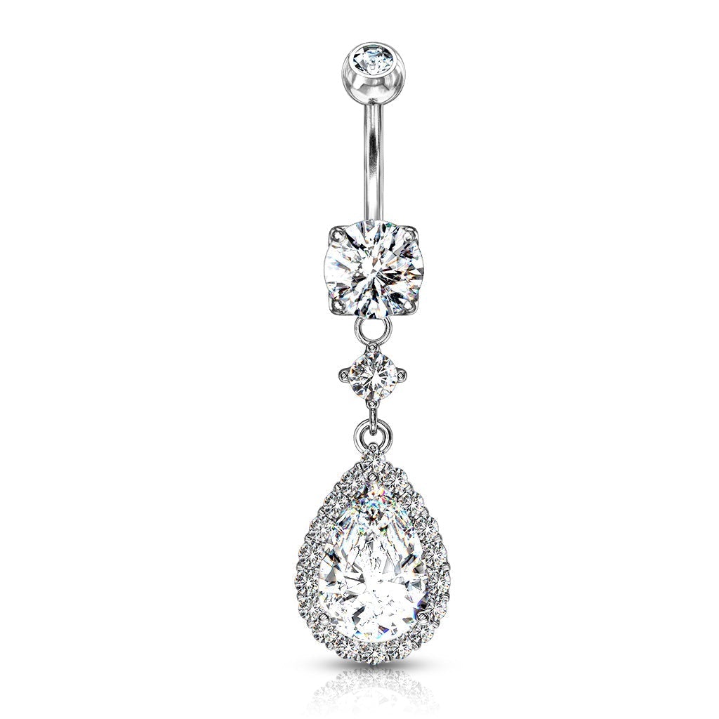 Dangling Crystal Teardrop Belly Button Ring - Silver