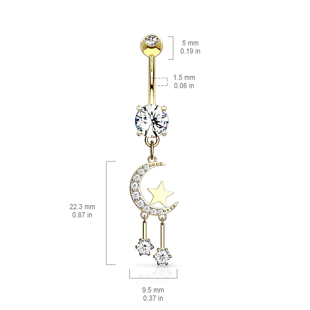 Cherry Diva Belly Button Ring 14 Gauge Dangling Moon & Stars Belly Bar