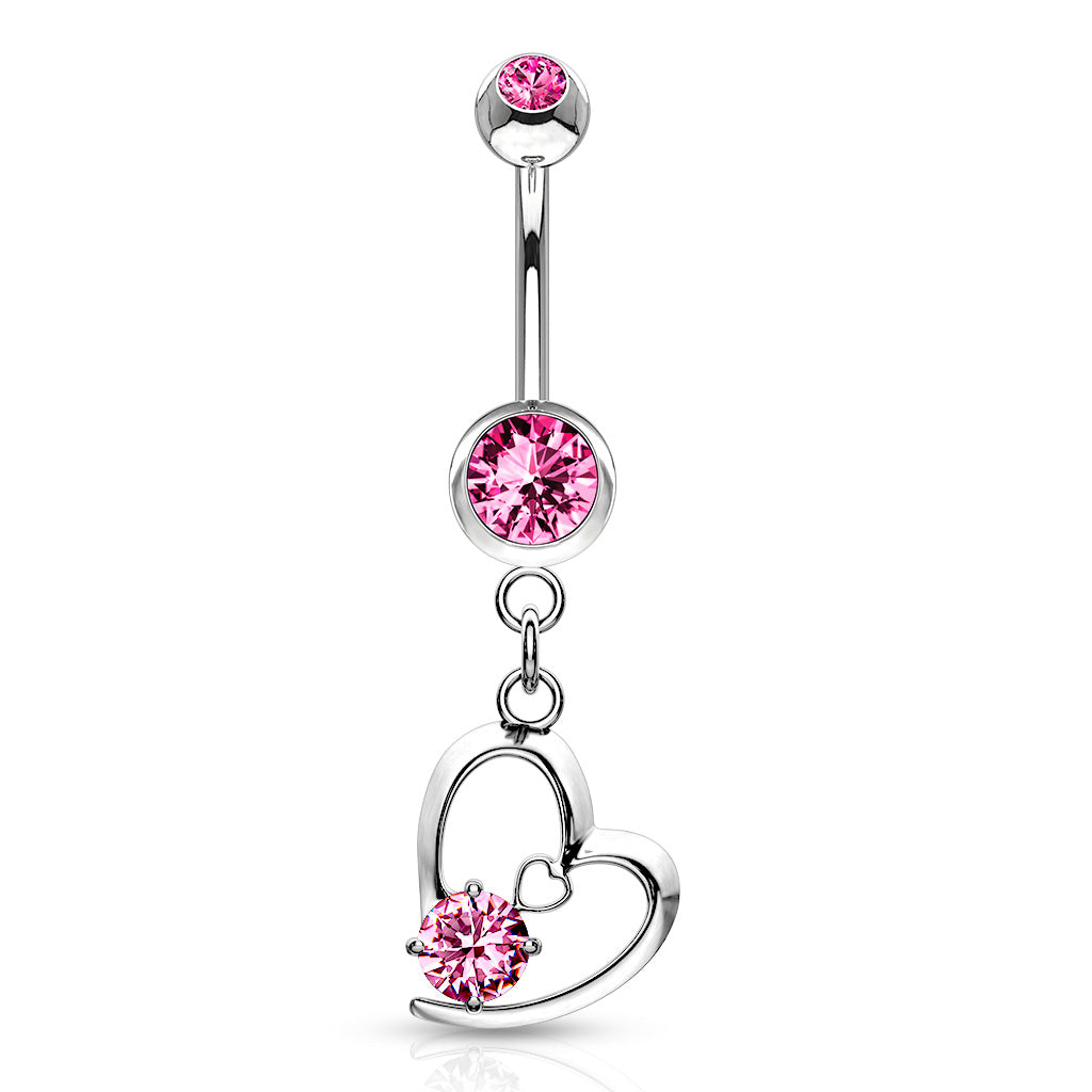 14 Gauge Dangling Crystal Heart Belly Button Bar- Pink