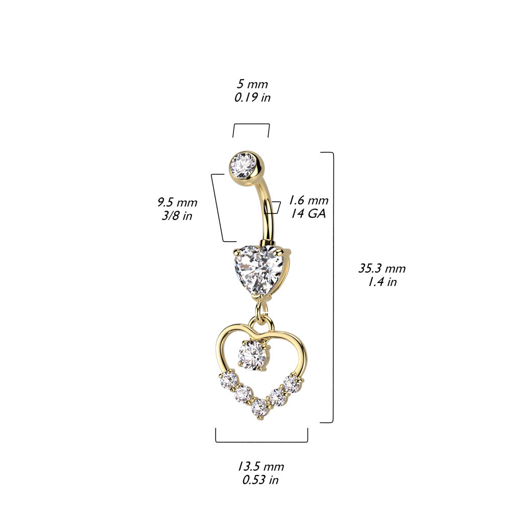 Cherry Diva belly bar 14 Gauge Dangling Silver Crystal Heart Belly Button Bar