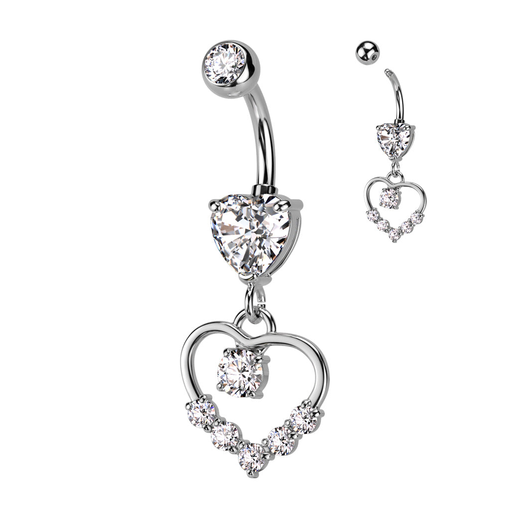 14 Gauge Dangling Silver Crystal Heart Belly Button Bar