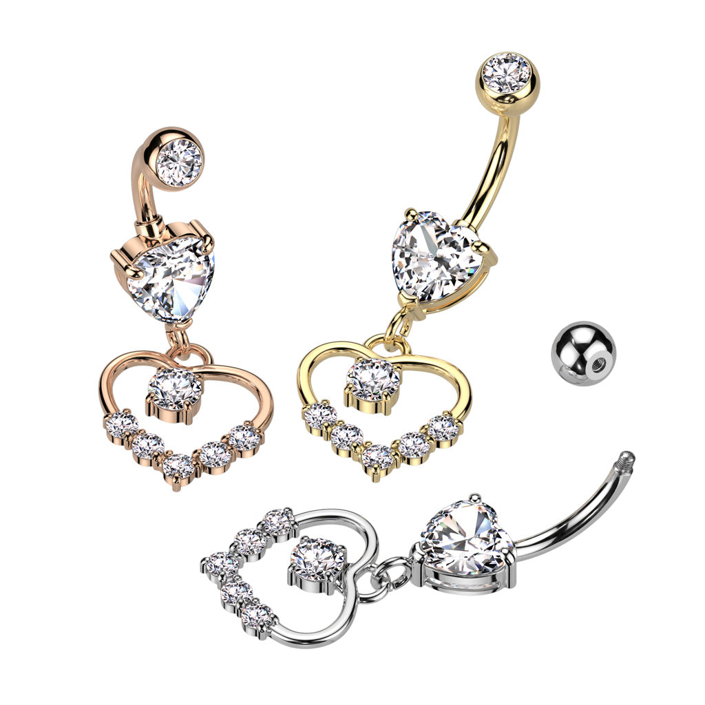 Cherry Diva belly bar 14 Gauge Dangling Silver Crystal Heart Belly Button Bar