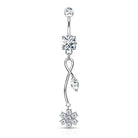 Cherry Diva belly bar 14 Gauge Silver Dangling Flowers Belly Button Bar