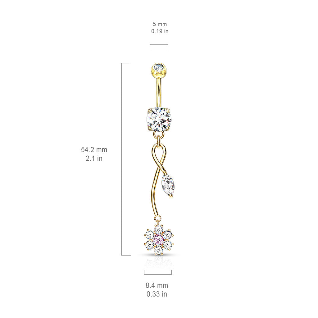 14 Gauge Silver Dangling Flowers Belly Button Bar Size Guide