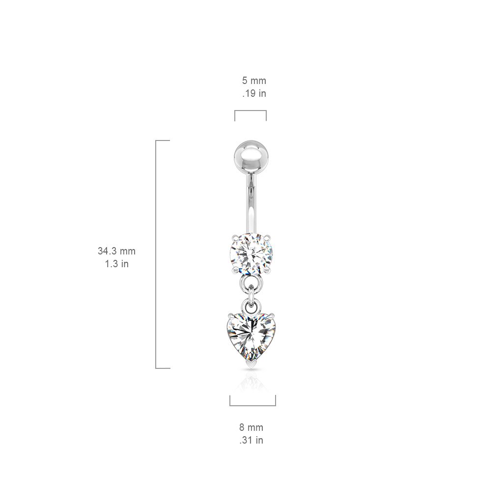 14 Gauge Silver Dangling Heart Belly Button Bar