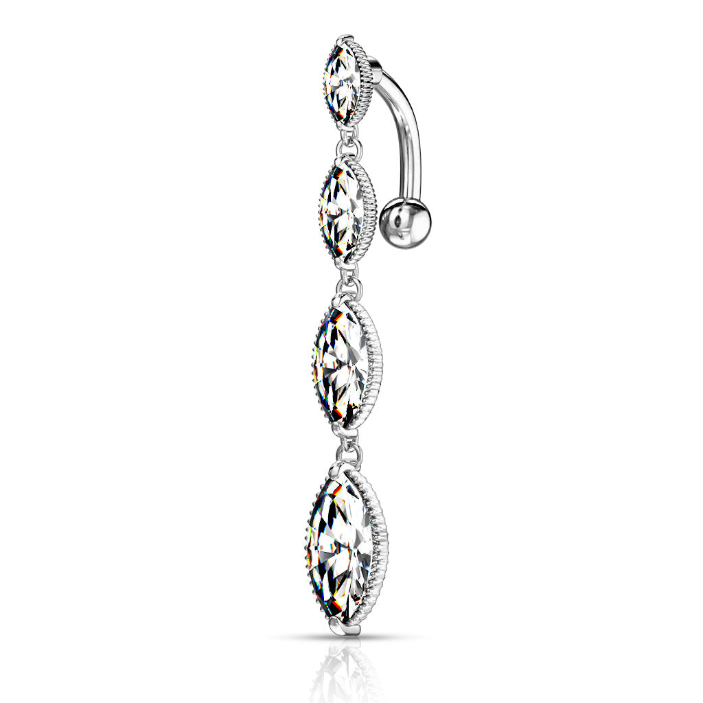 Cherry Diva belly bar 14 Gauge Dangling Triple Crystal Reverse Belly Button Bar