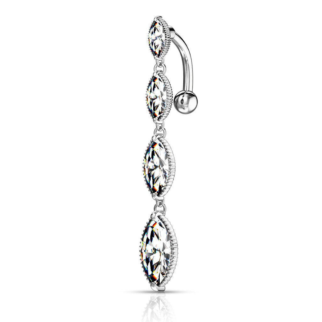 14 Gauge Dangling Triple Crystal Reverse Belly Button Bar