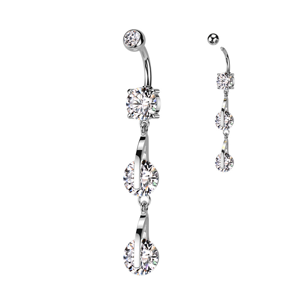 14 Gauge Double Dangling Crystal Belly Bar - Silver